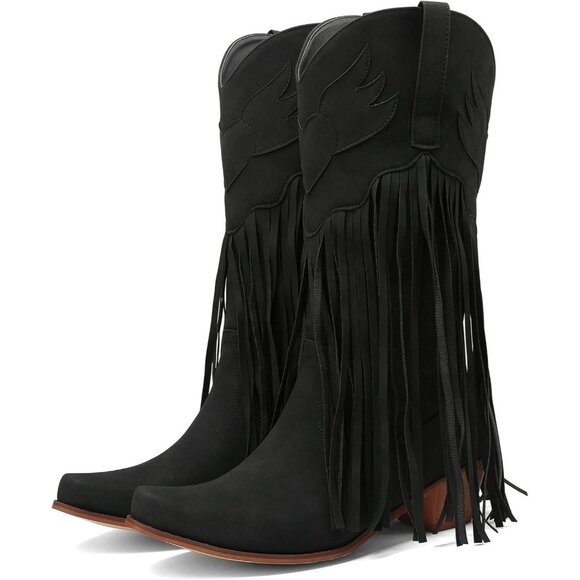 Shoes - Women's Black Fringe Cowboy Boots Square Toe Mid Calf Embroidered Western Boots